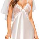 Avidlove Women Lingerie V Neck Nightwear Satin Sleepwear Lace Chemise Mini Teddy (X-Large, B White)