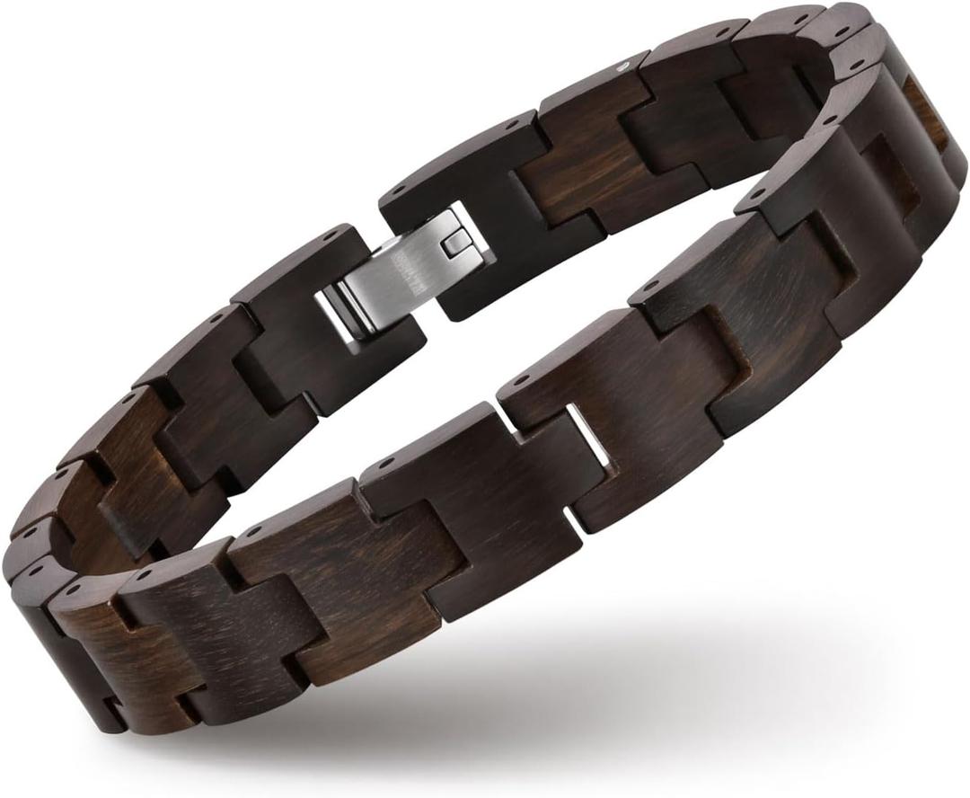 Adjustable Natural Wooden Bracelets for Men - Brown Wood Mens Bracelet Elegant Stylish Link Chain Wide Wristband Bracelets Vintage Bangle Design Mens Ideas Gifts with Jewelry Box & Adjust Tool