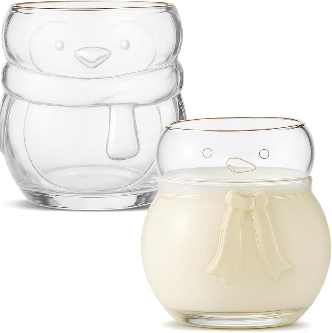 2 Pcs Christmas Penguin and Snowman Drinking Glasses, 18oz Xmas Penguin and Snowman Clear Glass Mug Novelty Stemless  Glass with Gold Rim Xmas Creative Coffee Juice Cup for Party Supply