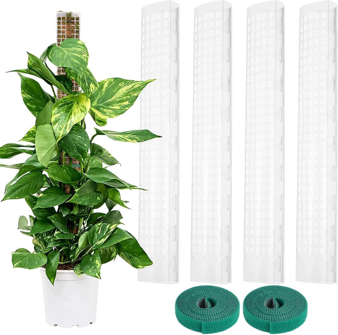 4 Pcs Plastic Moss Poles, 24 Clear Sphagnum Moss Sticks for Indoor Climbing Plants, Stackable Hollow Plant Supports with 10ft Ties, Plant Moss Poles for Monstera, White