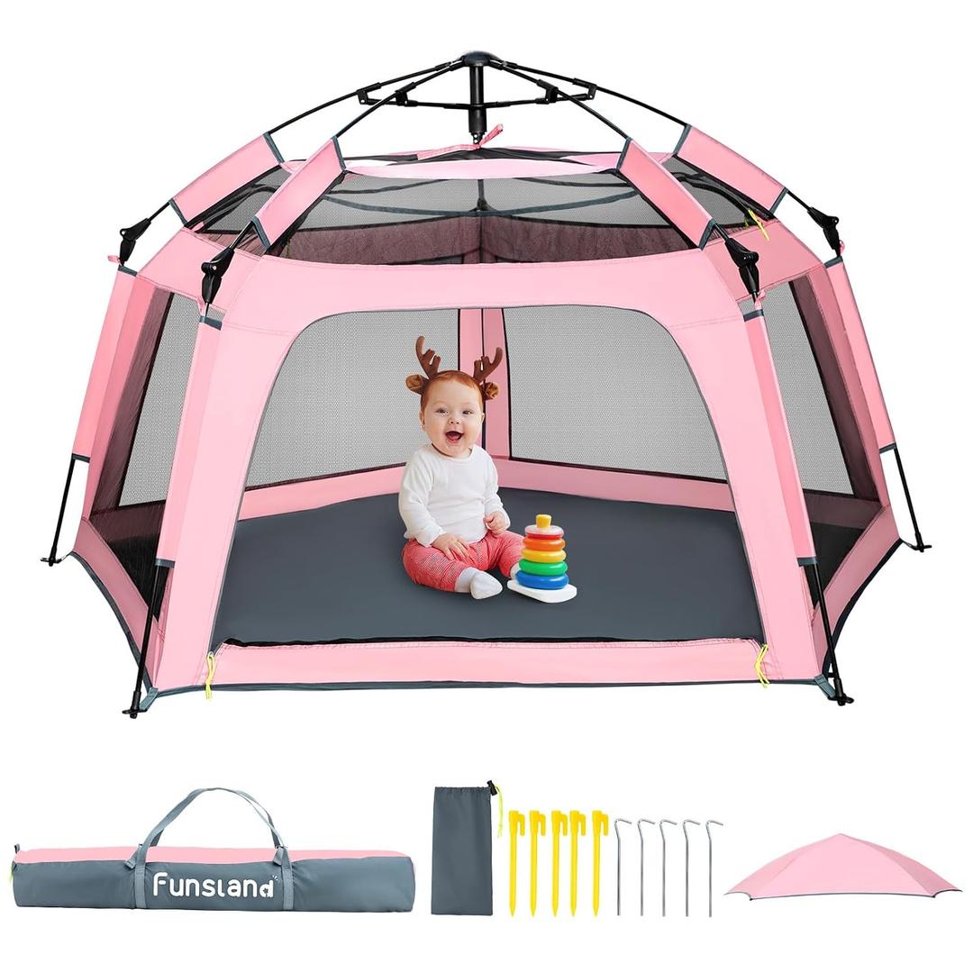 Baby Playpen Pop-up Tent - Outdoor & Indoor Play Tent for Beach with Canopy Travel Bag Portable Play Yard for Babies & Toddlers (Pink)