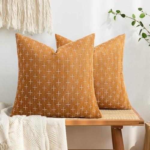 Zwjd Pack of 2 Decorative Burlap Linen Throw Pillow Covers Farmhouse Pillowcases Modern Rustic Woven Textured Cushion Cover for Sofa Couch Bed 18x18 Inch Hazel