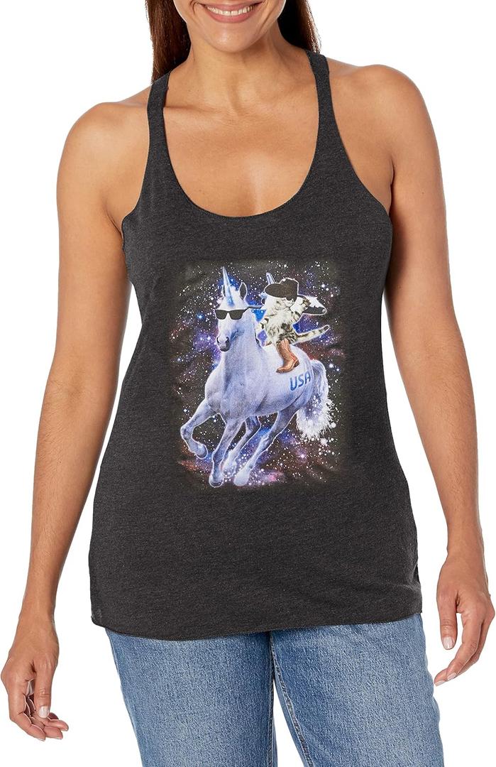 LOST GODS Women's Texas Boombox Cat and Unicorn Racerback Tank Top (Large, Black Heather)