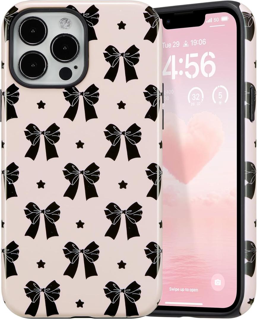 DEFBSC Case for iPhone 16 Pro, Cute Pink Bow Star Print Aesthetic Trendy Pattern for Women Girls Slim Durable Bumper Shockproof for iPhone 16 Pro Case, Star/Glossy