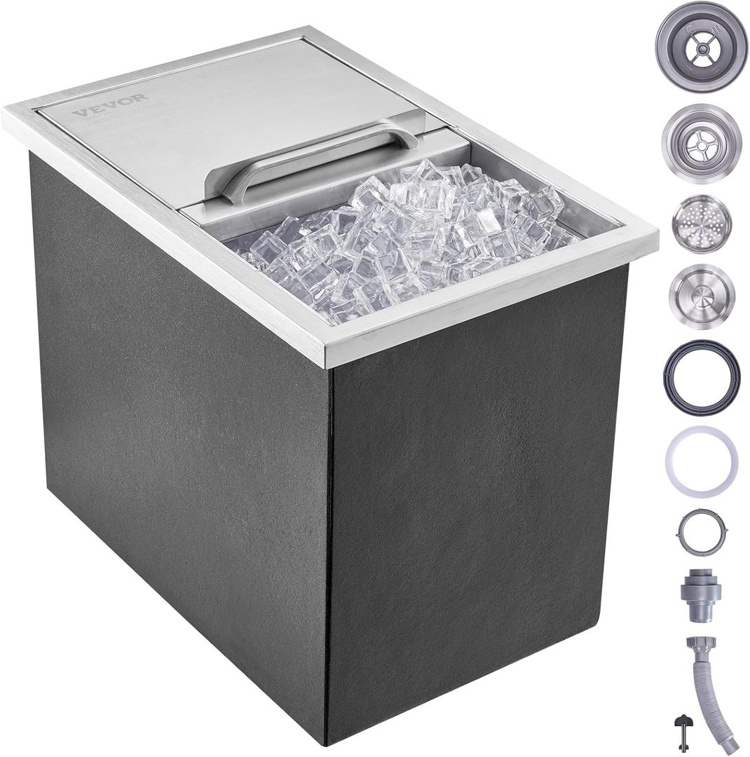 VEVOR Drop in Ice Chest, 18"L x 12"W x 14.5"H Stainless Steel Ice Cooler, Commercial Ice Bin with Sliding Cover, 40.9 qt Outdoor Kitchen Ice Bar, Drain-pipe and Drain Plug Included, for Cold Wine Beer