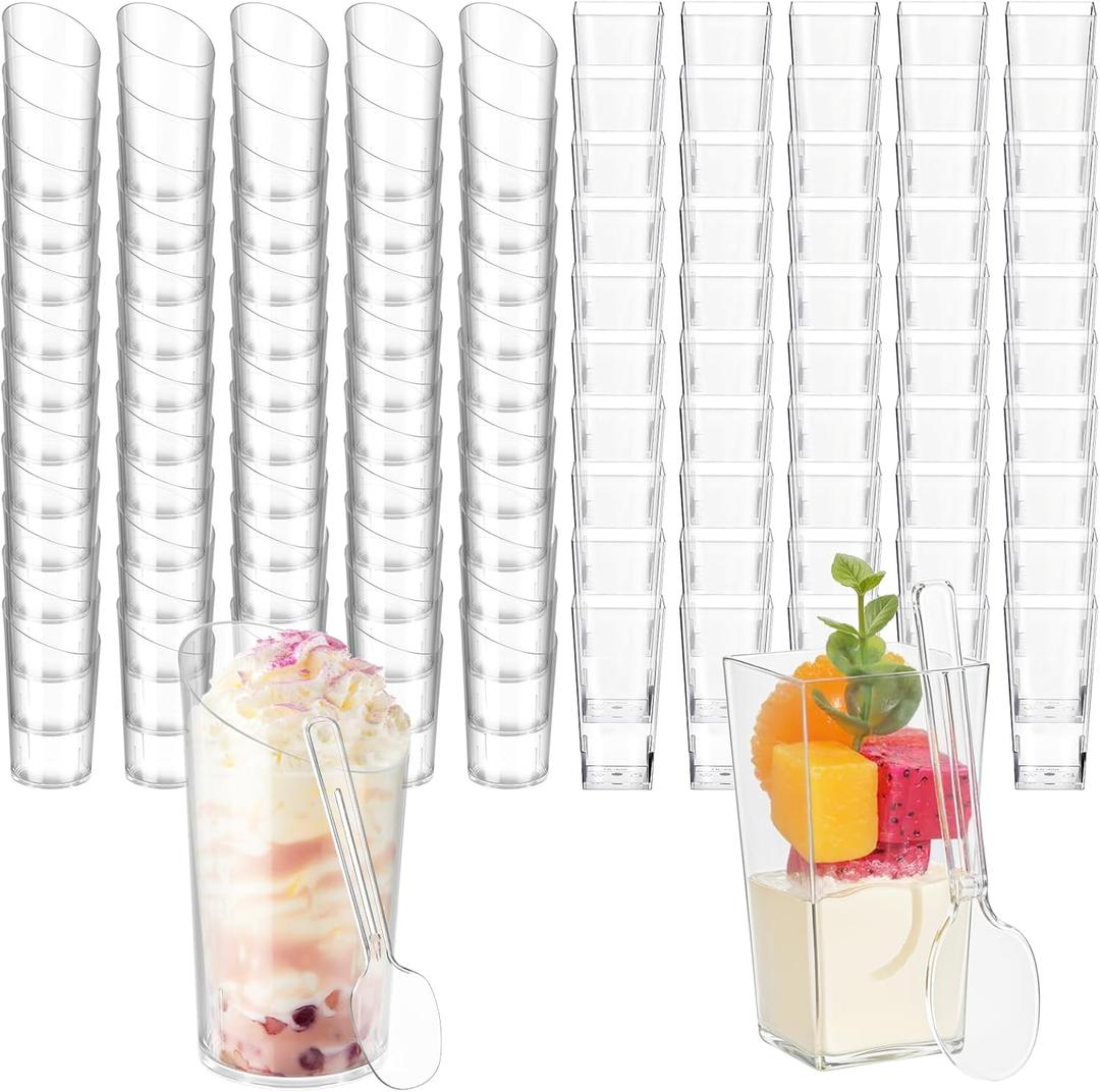 200 Pcs Mini Dessert Cups with Spoons Include 3 oz Square Plastic Appetizer Cups 2.5 oz Slanted Round Parfait Shooter Cup Small Clear Mousse Pudding Cup for Wedding Baby Shower Graduation Party