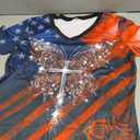 NOVEPT 250th Anniversary USA V-Neck Tee Shirt Butterfly Cross Rose All Over Print Patriotic Tee 4th of July Casual Top Clothing (Butterfly, L)
