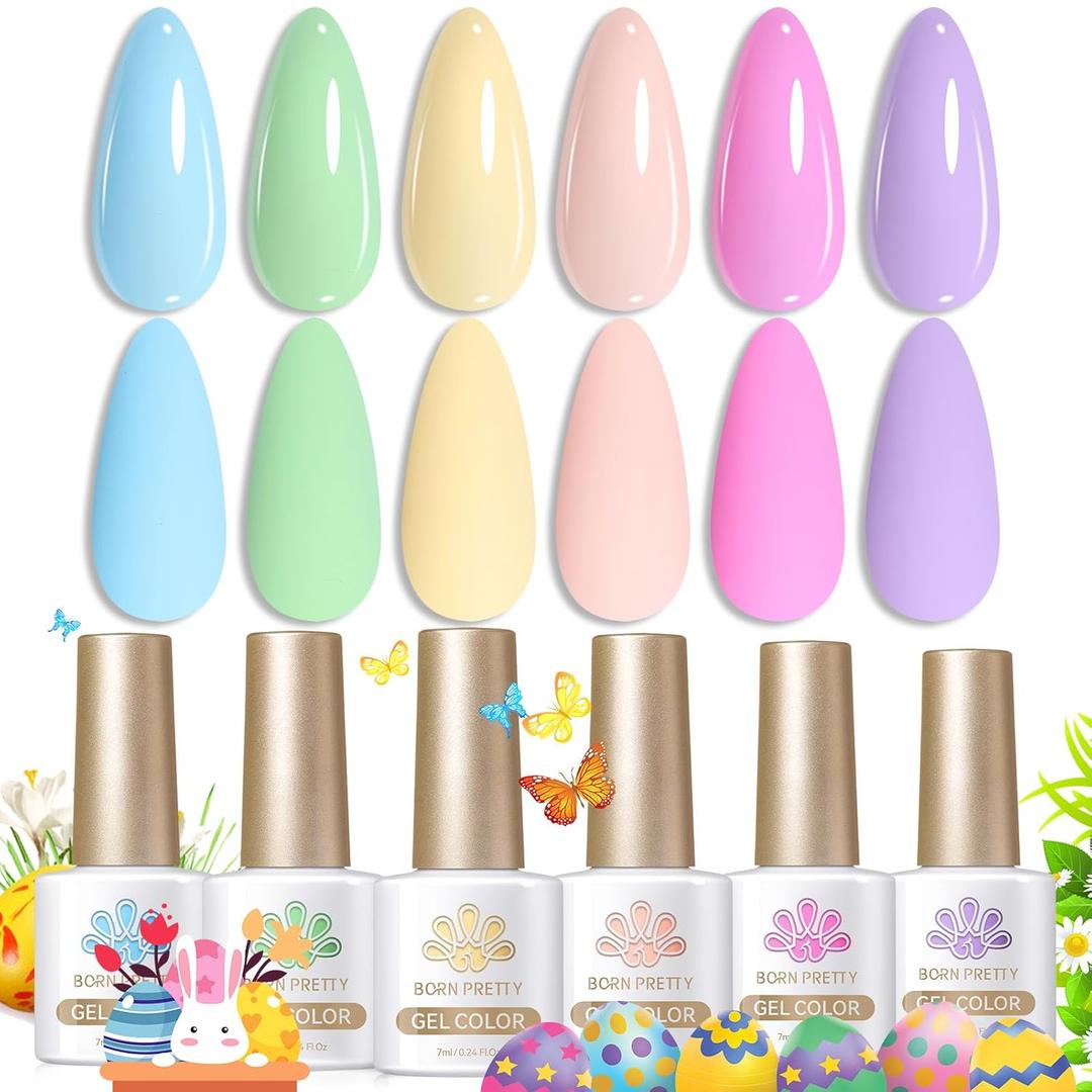 Born Pretty Pastel Gel Nail Polish Macaron Candy Sweet Color Gel Polish Spring Summer Gel Polish Nude Pink Yellow Purple Blue Green Colors Easter Collection Nail Art Gift Box 7ML 6PCS