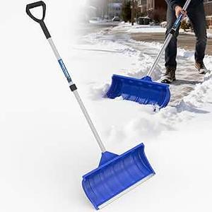Snow Pusher, 24-inch Wide Snow Shovel for Driveway, Snow Removal Tool for Car Garage, Sidewalks and Doorways, Snow Pusher Shovel with Ergonomic Grip and Aluminum Strip