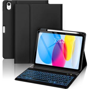 OYEEICE for iPad 11th (A16) &10th Generation Case with Keyboard - 7 Color Backlit Wireless Detachable Folio Keyboard Cover with Pencil Holder for iPad 11 inch A16 2025 10th Gen 10.9'' 2022 - Black (Classic style)