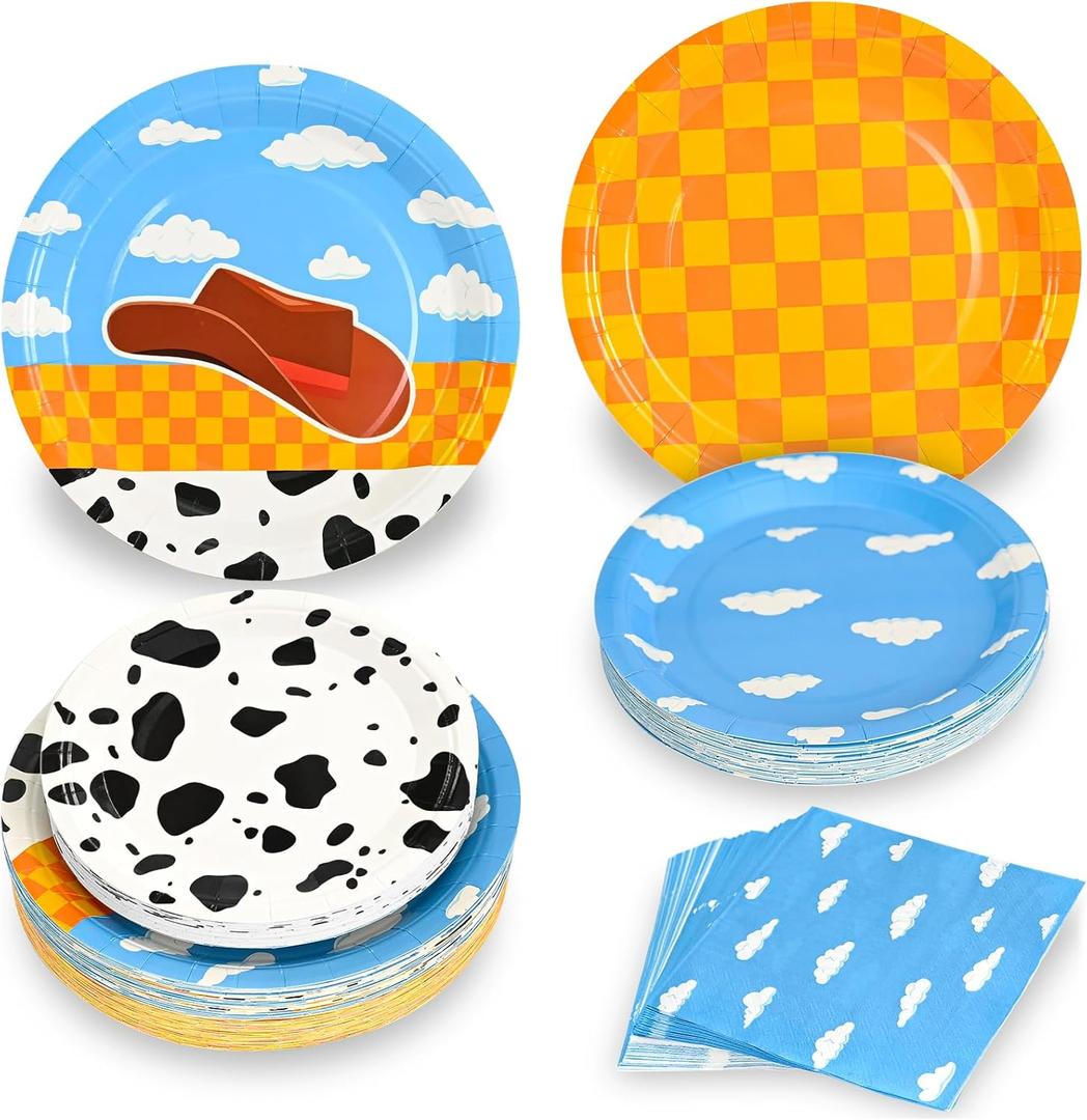 180pcs Birthday Party Supplies,Cartoon Story Paper Plates and Napkins Set for Baby Shower Boys Toy Theme Party Decorations,Serves 60 Guests