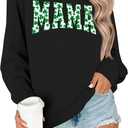 St Patricks Day Sweatshirt Women Lucky Shamrock Shirt Embroidered Striped Holiday Long Sleeve Pullover Tops (Black)