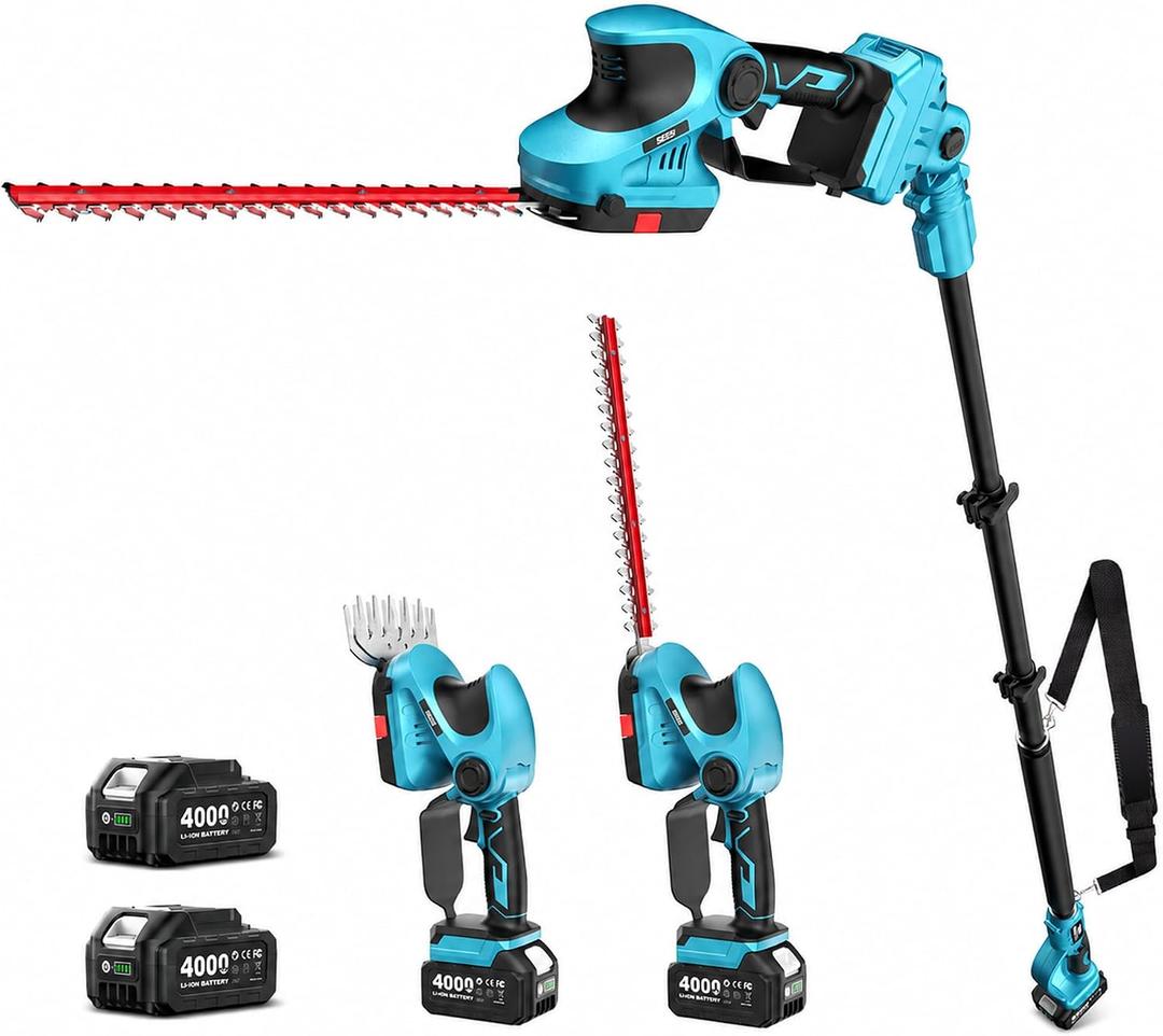 Seesii 20V Cordless Pole Hedge Trimmer & Grass Shears 4-in-1, 9-Ft Reach
