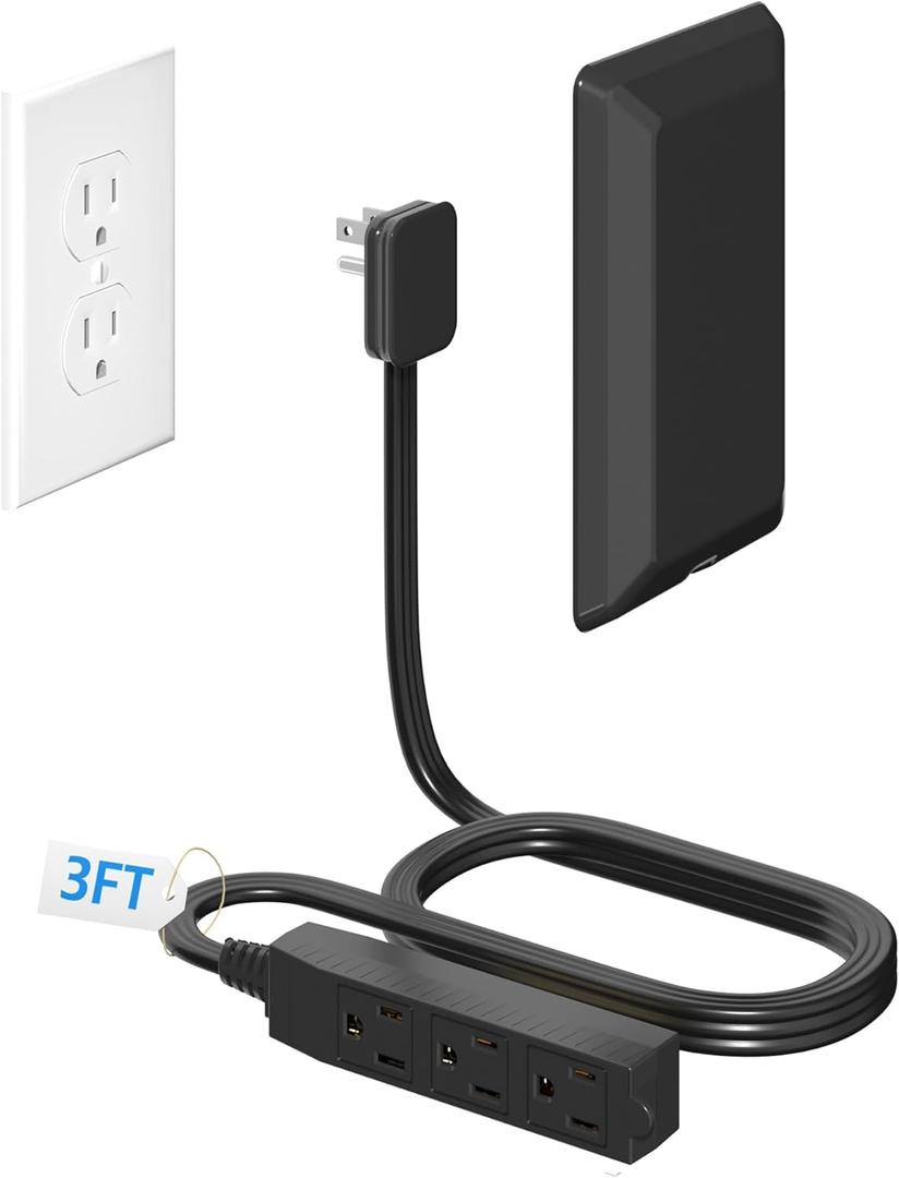 3FT Flat Plug Extension Cord with Ultra Thin Outlet Concealer with Cord Concealer Kit,3 Outlet Power Strip, Universal Size for Home, Bedroom, Kitchen, Bathroom, Office, ETL Listed, Black