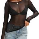 KTILG Mesh Long Sleeve Tops for Women See Through Blouses Fitted Sheer Layering Tops Tee Shirt Party Clubwear Black L