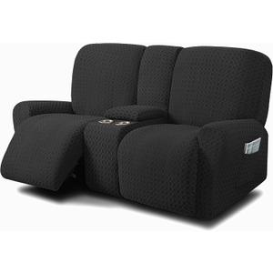 ULTICOR Reclining Love Seat with Middle Console Slipcover, 8-Piece Jacquared Stretch Loveseat Reclining Sofa Covers, 2 seat Loveseat Recliner Cover, Thick, Soft, Washable, (Style 2) (Black) ULTICOR Reclining Love Seat with Middle Console Slipcover, 8-Piece Jacquared Stretch Loveseat Reclining Sofa Covers, 2 seat Loveseat Recliner Cover, Thick, Soft, Washable, (Style 2) (Black)