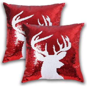 Coeufuedy Reversible Sequins Pillow Case 18 x 18 Inch Christmas Sequin Pillow Covers Magic Red Mermaid Square Throw Decorative Pillowcase 2pcs (Red-Deer)