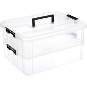JUXYES 2-Tiers Stack Carry Storage Box With Handle, Transparent Stackable Storage Bin With Handle Lid Latching Storage Container for School & Office Supplies (Black)