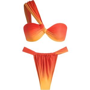 ZAFUL Women's One Shoulder Bikini Twisted Ruched High Cut Bandeau Bikini Set Two Piece Swimsuit (4-orange Gradient, S)