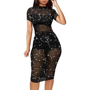 Lrady Women's Sexy Mesh Dress Short Sleeve Bodycon Party Club Night Dress 3 Piece Set Outfits with Cami Shorts XL