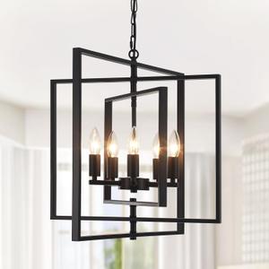 Modern Black Chandelier for Dining Room 5-Light Lantern Pendant Light Fixtures Rustic Geometric Farmhouse Chandeliers Industrial Hanging Light for Kitchen, Entryway, Foyer, Hallway, Bedroom,E12
