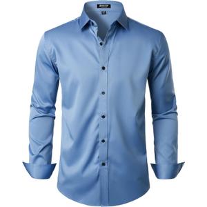 Men's Stretch Wrinkle Free Dress Shirts Formal Wedding Prom Long Sleeve Button Down Shirt (Blue, S)