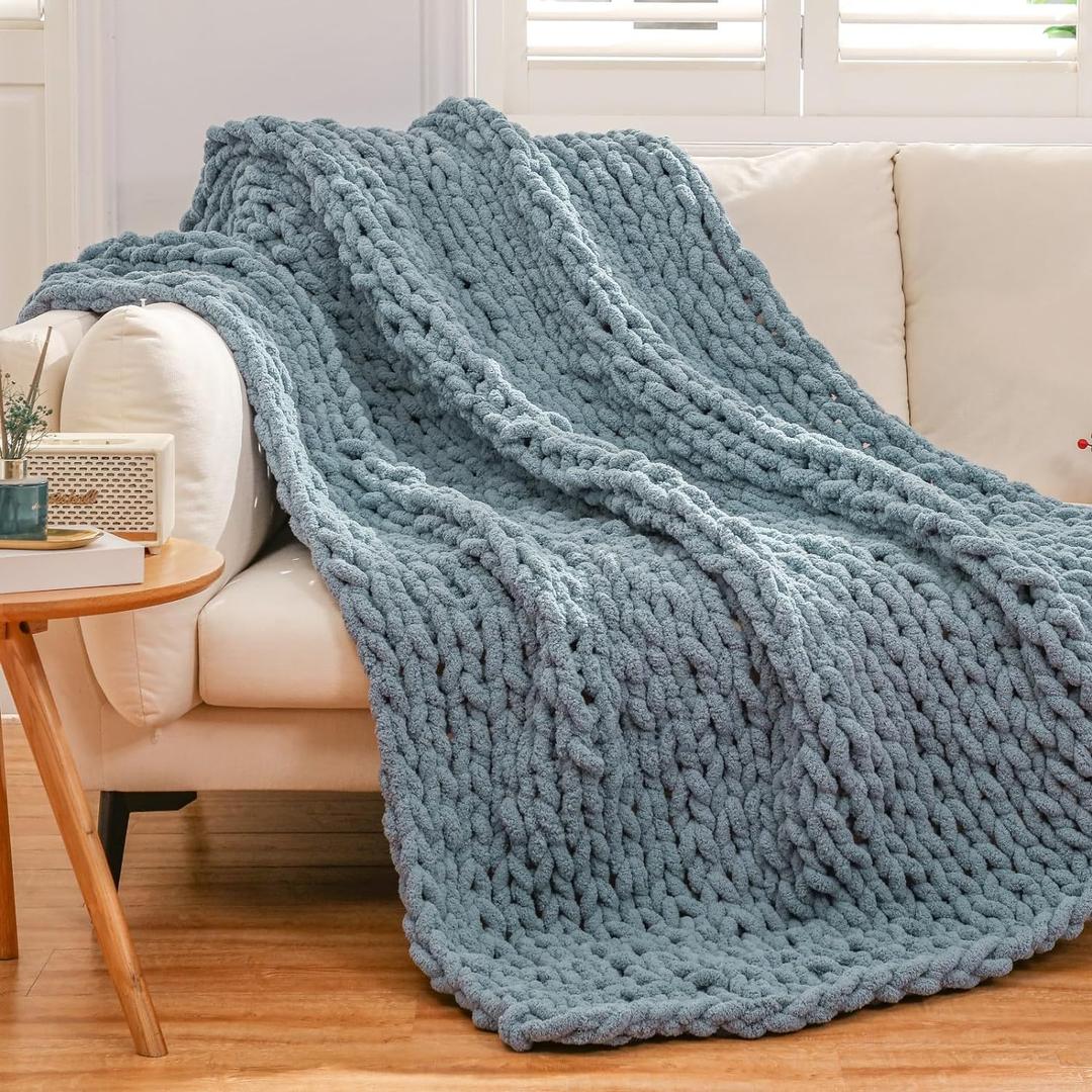 WESHIONGOO Chunky Knit Blanket Throw 50"60" Knitted Throw Blankets for Couch Bed Fluffy Soft Blanket with Jumbo Chenille Yarn Thick 100% Handmade(Dusty Blue)