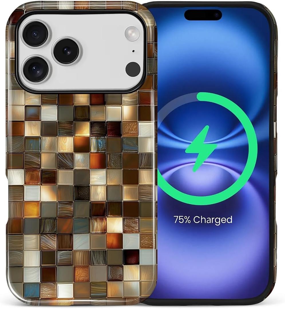 for iPhone 17 Pro Case,Compatible with MagSafe,Dual-Layer Hard Shell + Silicone Cover,Full Body Protection Shockproof Case for iPhone 17 Pro-Brown Toned Glass Mosaic Tiles