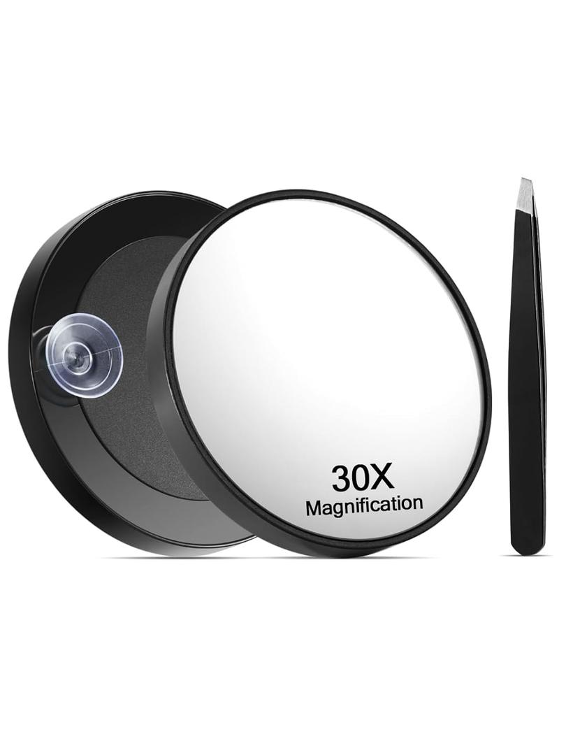 30X Magnifying Mirror with 2 Suction Cups, 3.5 inches Magnified Makeup Mirror and Slant Tweezers,Black,1PC