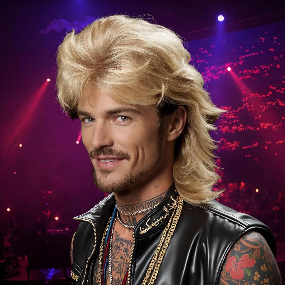 Men's 80s Rock Style Long Blonde Mullet Wig - Perfect for Cosplay, Parties & Stage Performances - Heat Resistant