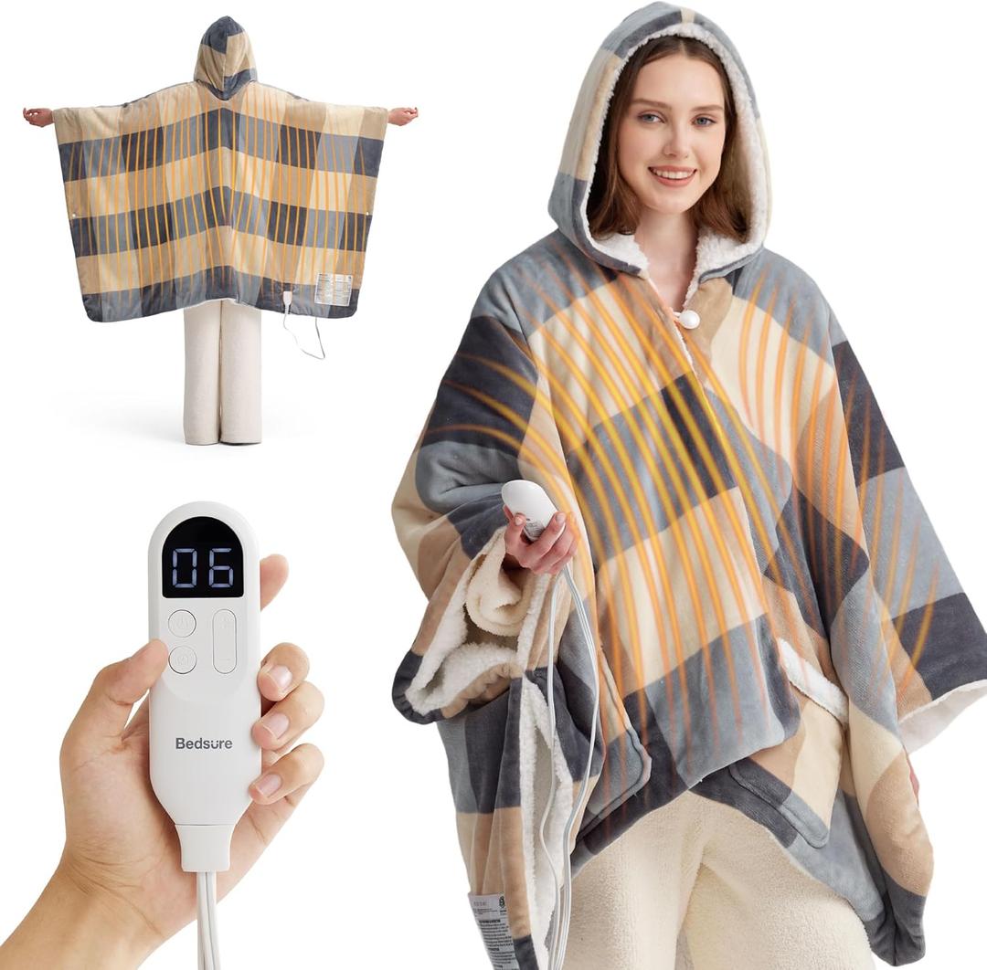 Bedsure Heated Blanket Wearable Shawl - Electric Wrap Poncho Blanket Hoodie Adult as Winter Gifts for Mom Women Girlfriend, Warm Sherpa Heating Throw, Auto Shut Off, 55x64 inches, Beige Plaid Pattern