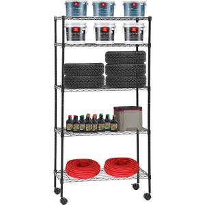 BMS 5-Tier Wire Shelving Unit Steel Large Metal Shelf Organizer Garage Storage Shelves Heavy Duty NSF Height Adjustable Commercial Grade Utility Storage Metal Rack on Wheels 14D x 30W x 60H,Black