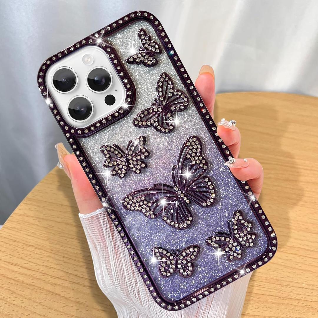 ZIYE Case Designed for iPhone 16 Pro Glitter Cases Luxury Plating Diamond Shiny Butterfly Clear Case with Raised Edge Camera Shockproof Cover for Women Girls-Purple