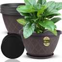4 Pack 16 Inch Large Plant Pots, Plastic Flower Pots for Indoor & Outdoor with Drainage Holes & Saucer, Imitation Diamond Pattern Design Planters Garden Pots for Herbs (Brown)