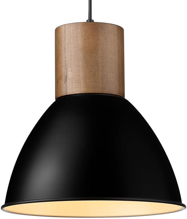 ELYONA Solid Wood Metal Pendant Light Fixtures, Industrial Hanging Lamp, Adjustable Length, 11.6" Modern Farmhouse Bar Pendant Lighting for Kitchen Island, Dining Room, Living Room, Black & Brown
