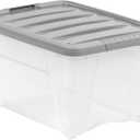 Amazon Basics Plastic Storage Containers with Secure Latching Lids, Stackable Organization Bins, Clear/Grey, 32 Quart, Set of 6