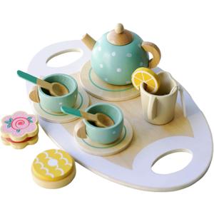 Wooden Tea Party Set for Little Girls Toys, Pretend Play Kids Tea Set for Toddlers Wood Toys, Wooden Play Food Kitchen Accessories Sets for Kid
