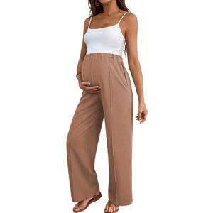 BLENCOT Women's Maternity Pants Work Adjustable Waisted Wide Leg Waffle Knit Trousers Pregnancy Clothes with Pockets, XL