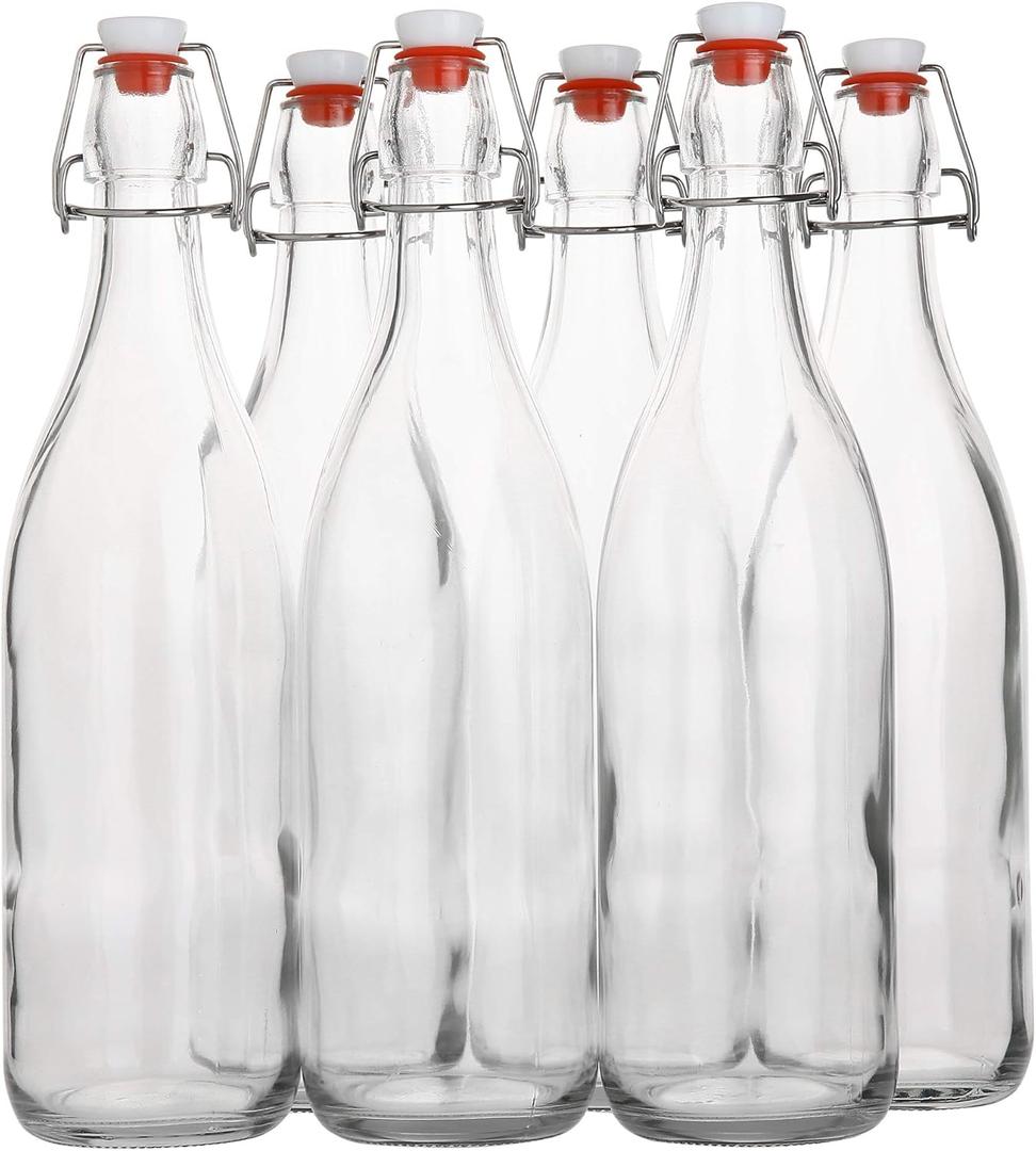 Flip Top Glass Bottle [1 Liter / 33 fl. oz.] [Pack of 6]  Swing Brewing with Stopper for Beverages, Oil, Vinegar, Kombucha, Beer, Water, Soda, Kefir Airtight Lid & Leak Proof Cap Clear