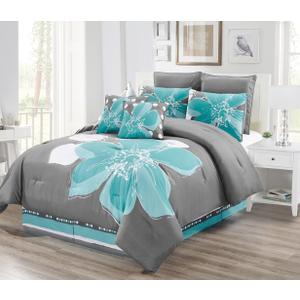 8 - Piece Aqua Blue, Grey, White Floral Comforter Set King Size Bedding + Accent Pillows