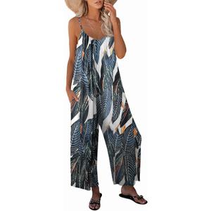 Womens Sleeveless Jumpsuits Adjustable Spaghetti Strap Stretchy Long Pant with Pockets Large Leopard