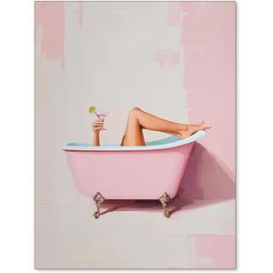 FuSatisYilife Bathroom Pink Girly Wall Art Trendy Funny Martini Cocktail Poster Girl in Bathtub Aesthetic Canvas Picture Preppy Bar Cart Decor Wall Decor for Toilet Washroom 12x16 inch Unframed