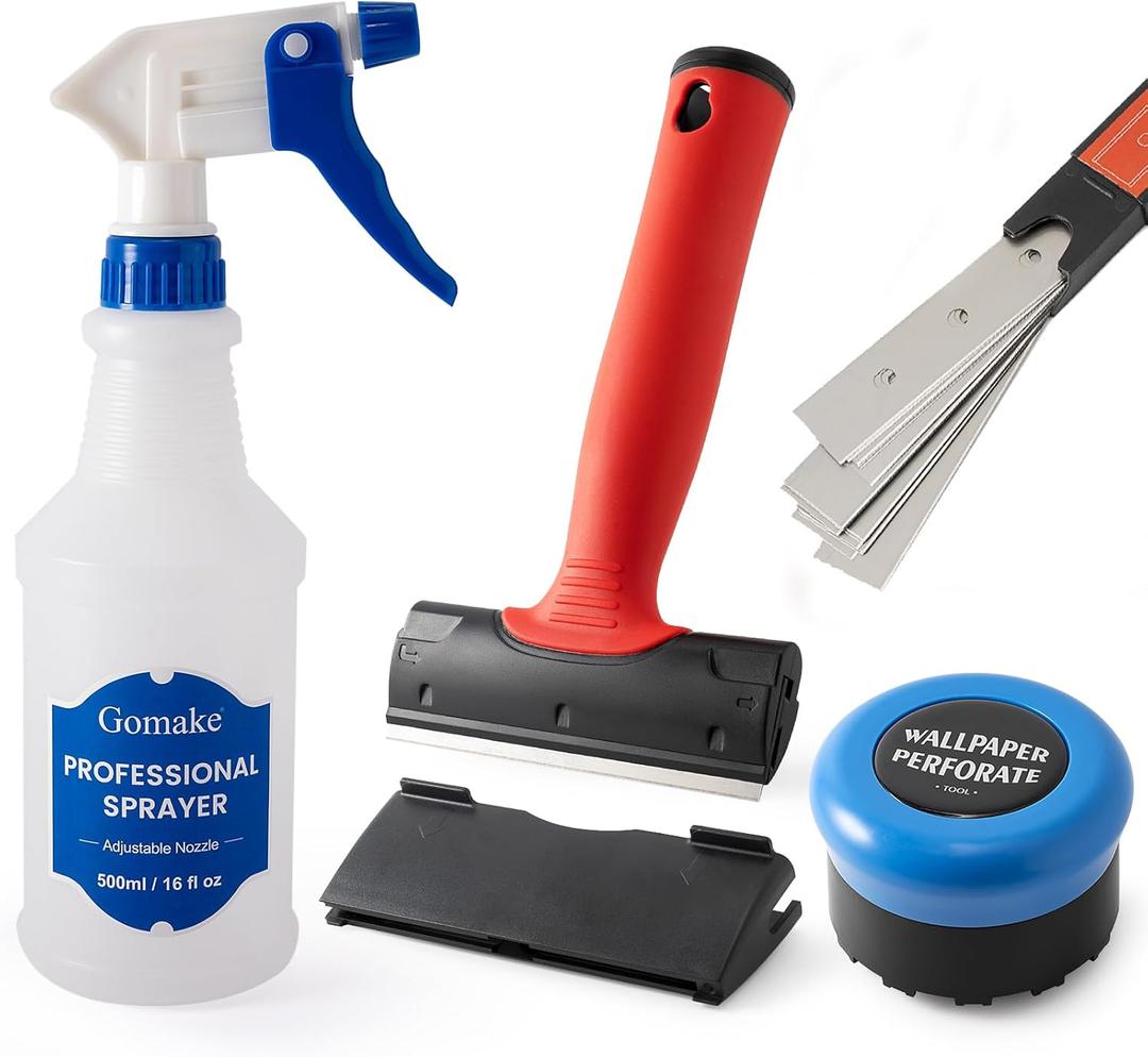 Gomake Wallpaper Remove Tool Set With Perforating Scoring Tool,Spray Bottle,4 inch Razor Blade Scraper Sticker Remover to Peel Contact Paper Vinyl Backsplash Window Film Wallpaper Adhesive