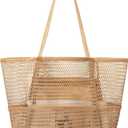 Woven Tote Bag, Foldable Large Capacity Mesh Shoulder Bag with Waterproof Bottom Retro Handle Tote Handbag for Daily Travel Holiday, Khaki