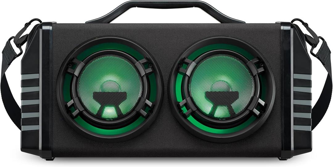 iLive Electronics IBB503GEO Portable Bluetooth Boombox with FM Radio and 2 Microphone Inputs, Color Changing LED Lights, Carry Strap, Black with Geometric Pattern