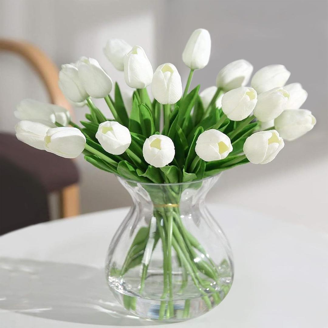 2 x Tulips Artificial Flowers 20 Pcs White Fake Tulip Stems Real Touch PU Tulips for Easter Spring Wedding Bouquet Home Centerpiece Floral Arrangement Table Dcor