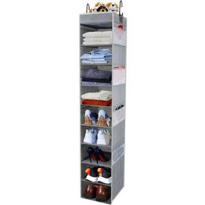 Large-Sized Hanging Shoe Organizer 10-Shelf, Sturdy Hanging Closet Organizer with 8 Side Pockets, Wider Hanging Shelves for Storage Shoes Clothes Jeans Shirts Toys, Grey