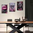 PBXBJY African American Wall Art African Girl Canvas Prints 3 PCS Black Queen with Pink Crown Lips Painting Black Woman Picture Framed Home Office Decor (16.00" x 24.00" x 3PCS)