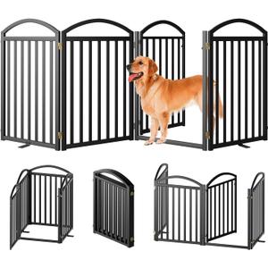 SNUOWU 4 Panels Full Matel Freestanding Dog Gates with Door, 96"Extra Wide 32"Tall Free Standing Dog Pet Gate for Indoor & Outdoor. Foldable Pet Fences for Doorways, House, Stairs, Porch, Deck, Yard, 4 Panels with Door96"W*32H"