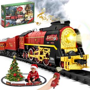 Christmas Train Set for around under The Tree, Electric Christmas Tree Train with Remote Sound Smoke Light, Steam Locomotive Xmas Christmas Train Toy Gift for Kids Boy Girl, Glowing Passenger Carriage